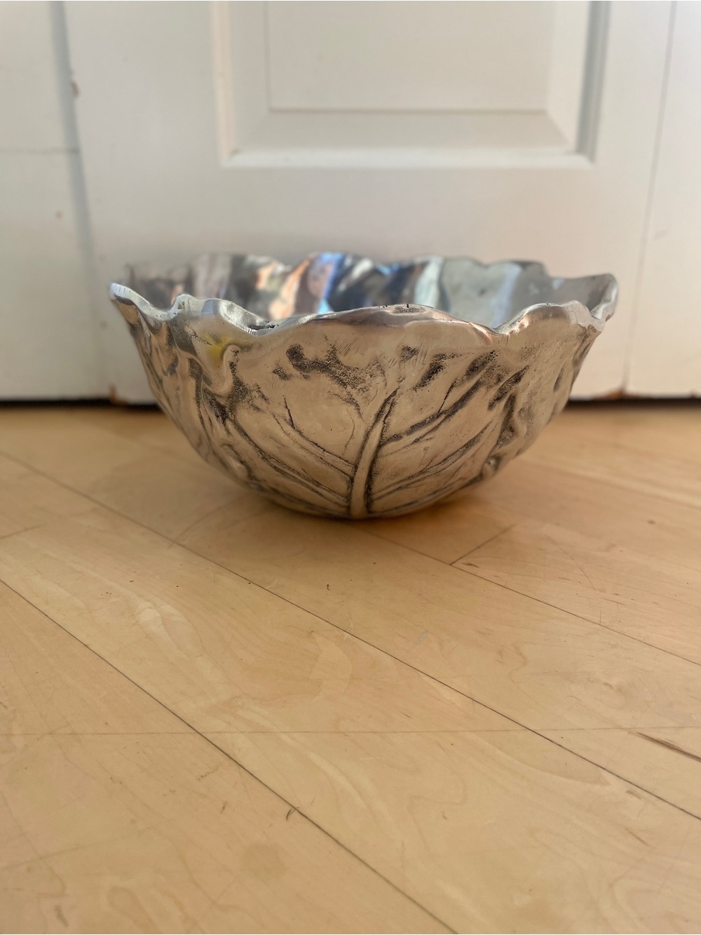 Large Mexican Pewter Cabbage Ware Leaf Serving Bowl